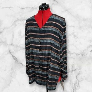 Vintage NWT Stunt washable silk Striped Button-Up Blouse Aztec striped print